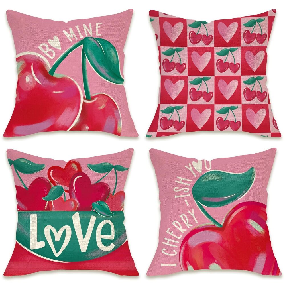 9032 Valentines Day Cherry Decorative Throw Pillow Covers 16 x 16 Set of 4